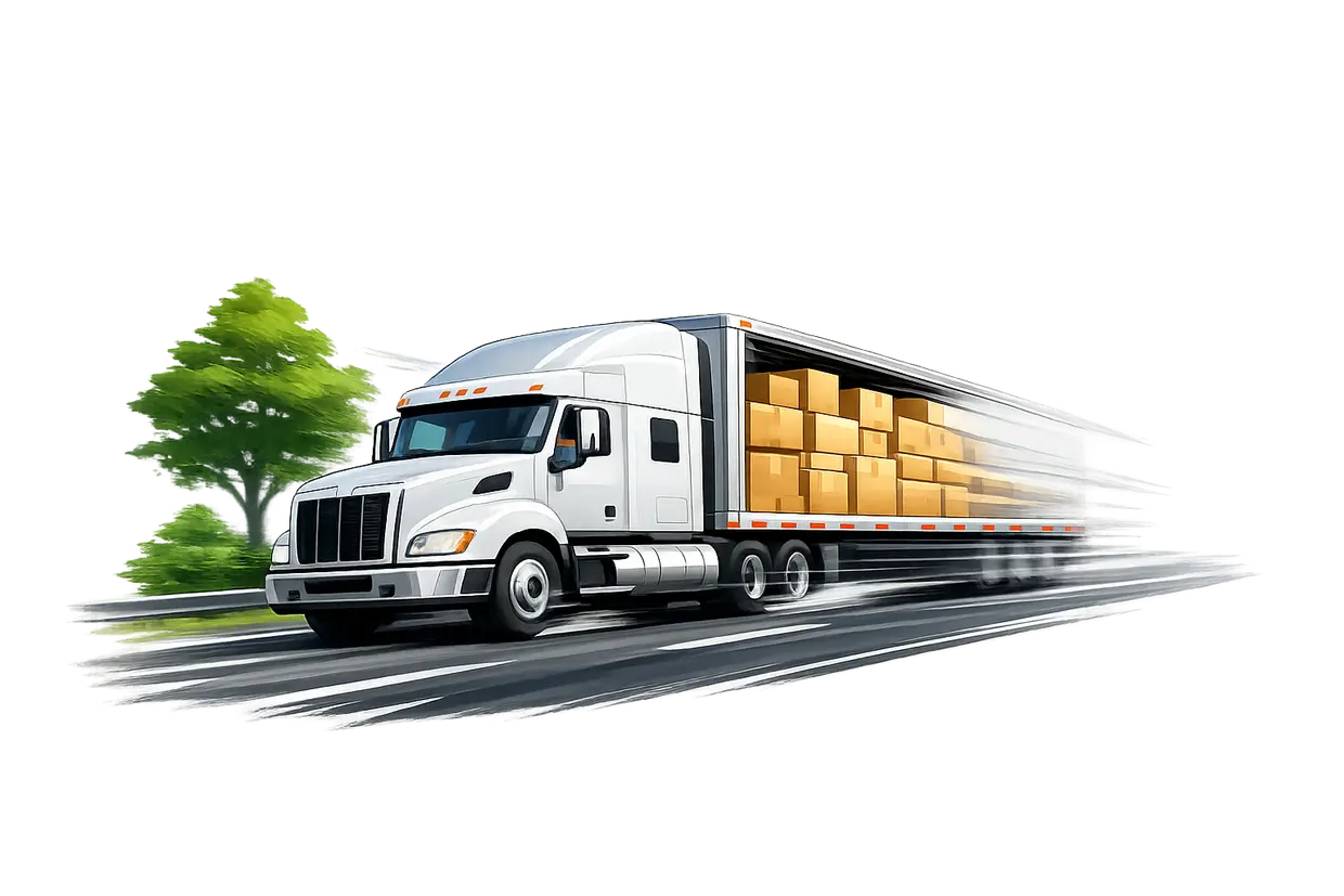 Freight truck loaded with cartons heading to the prep center